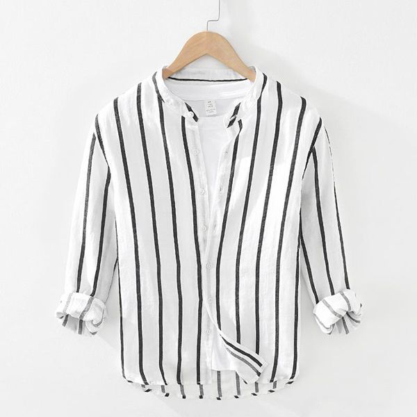 men's casual shirts 2021 spring stand-up collar ramie long-sleeved shirt youth retro striped loose camisas para hombre, White;black
men's casual shirts 2021 spring stand-up collar ramie long-sleeved shirt youth retro striped loose camisas para hombre, White;black