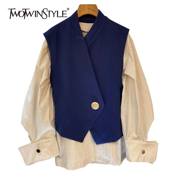 twotwinstyle casual two piece set for women lapel long sleeve plaid shirt v neck sleeveless vest korean sets female spring 210517, White
twotwinstyle casual two piece set for women lapel long sleeve plaid shirt v neck sleeveless vest korean sets female spring 210517, White
