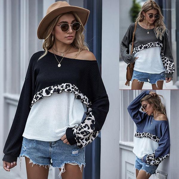 european and american solid color stitching leopard print sweater pullover round neck long-sleeved wood ear top, White;black
european and american solid color stitching leopard print sweater pullover round neck long-sleeved wood ear top, White;black