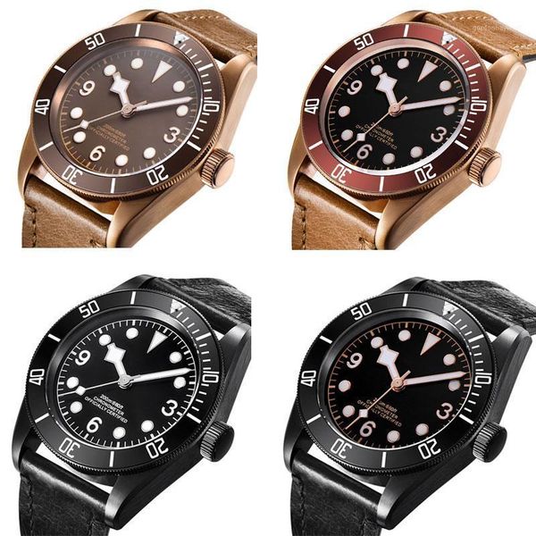 wristwatches debert41mm sterile dial miyota 8215 automatic man's mechanical watch waterproof luminous hands brass/black case leather, Slivery;brown