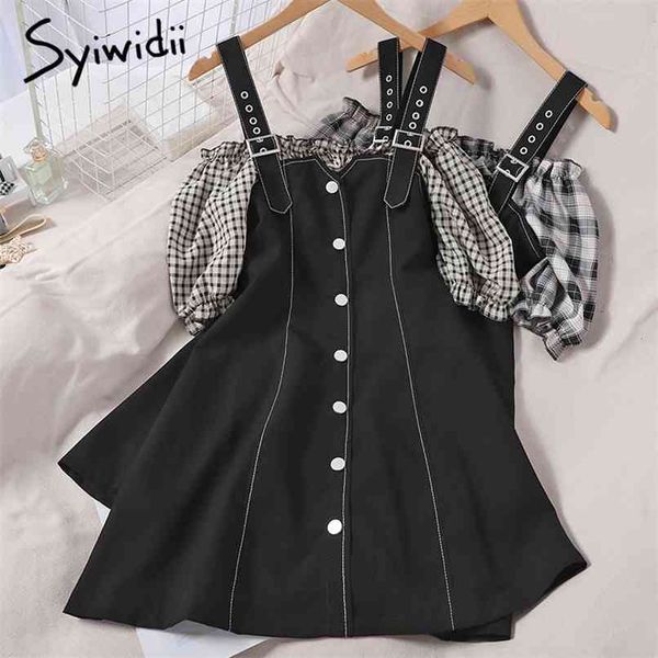 fake 2 piece camis dresses women contrase color spliced slash neck plaid puff sleeve a-line summer korean fashion 210607, Black;gray
fake 2 piece camis dresses women contrase color spliced slash neck plaid puff sleeve a-line summer korean fashion 210607, Black;gray