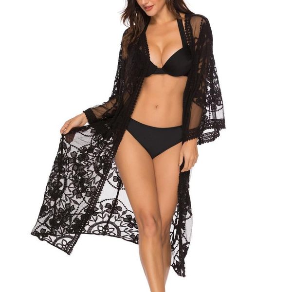 women's swimwear 2021 lace sun protection solid color beach bikini long cloak flower embroidery outwear blouse, White;black