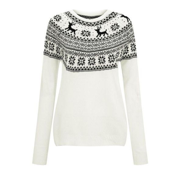 women's sweaters snowflake reindeer knitted long sleeve pullover jumper, White;black
women's sweaters snowflake reindeer knitted long sleeve pullover jumper, White;black