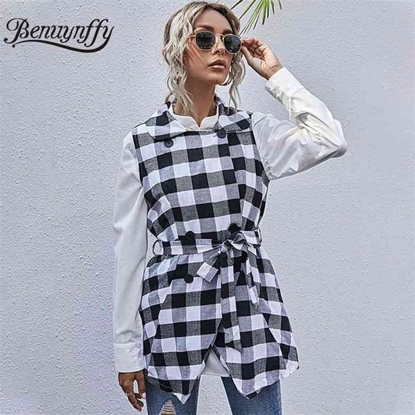 autumn winter women's sleeveless plaid coat double breasted pockets casual vest jacket with belt women outerwear 210510, Black;white
autumn winter women's sleeveless plaid coat double breasted pockets casual vest jacket with belt women outerwear 210510, Black;white