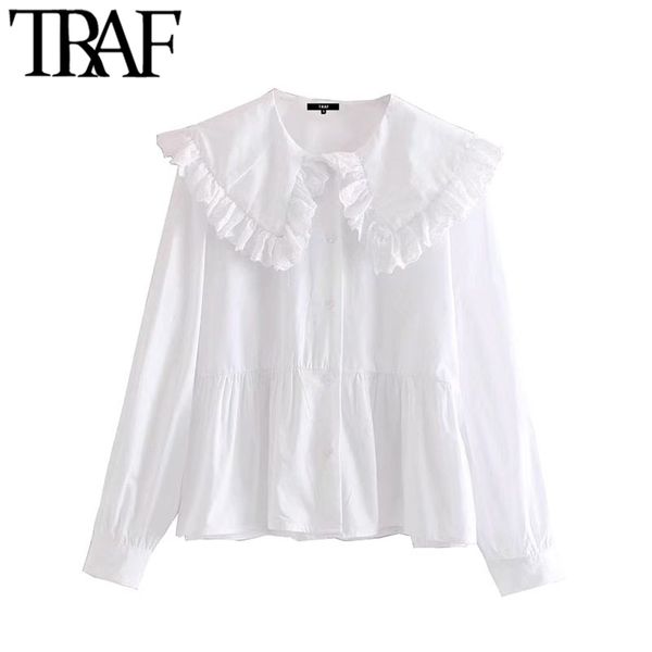 women sweet fashion with peter pan collar ruffled blouses vintage long sleeve button-up female shirts chic 210507, White
women sweet fashion with peter pan collar ruffled blouses vintage long sleeve button-up female shirts chic 210507, White