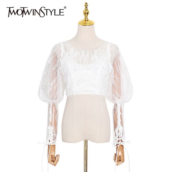 twotwinstyle lace shirt for women o neck lantern long sleeve lace up bowknot short female fashion clothing 210517, White
twotwinstyle lace shirt for women o neck lantern long sleeve lace up bowknot short female fashion clothing 210517, White