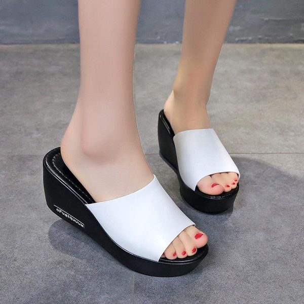 women slippers fashion summer shallow pu leather thick bottom non-slip outside 7cm high wedges casual solid female shoes, Black
women slippers fashion summer shallow pu leather thick bottom non-slip outside 7cm high wedges casual solid female shoes, Black
