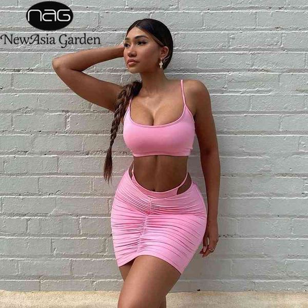 newasia summer crop hollow out ruched mini skirt two piece set summer party club wear solid color 2 piece outfits 210407, White 
newasia summer crop hollow out ruched mini skirt two piece set summer party club wear solid color 2 piece outfits 210407, White