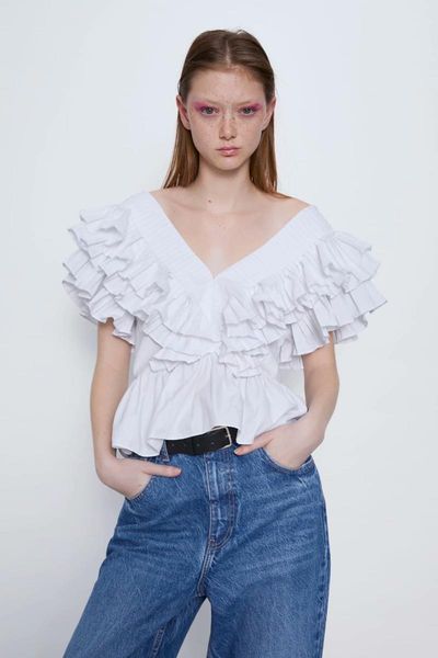 women's blouses & shirts women fashion high waist ruffles vintage v neck backless female blusas chic b534, White
women's blouses & shirts women fashion high waist ruffles vintage v neck backless female blusas chic b534, White