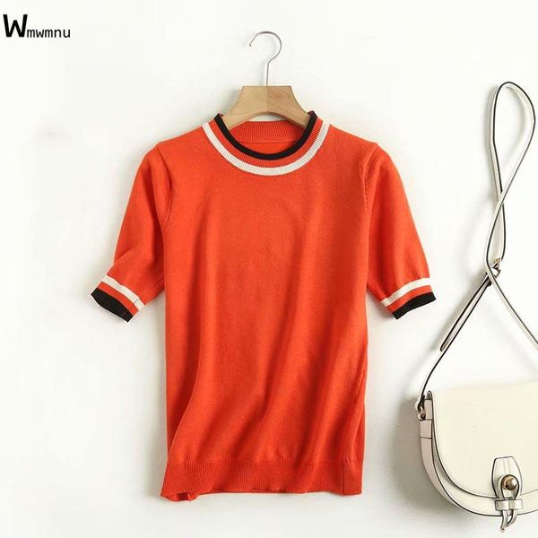korean style o-neck slim elastic pullovers short sleeve stripe knitted t-shirt for women summer casual knitwear female women's, White 
korean style o-neck slim elastic pullovers short sleeve stripe knitted t-shirt for women summer casual knitwear female women's, White