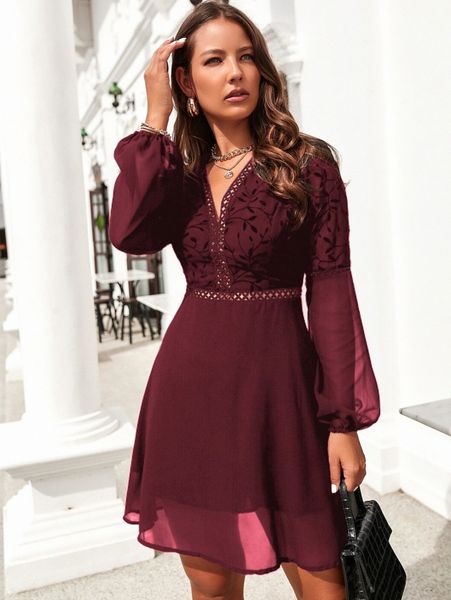guipure lace insert lantern sleeve chiffon dress v5ep#, Black;gray 
guipure lace insert lantern sleeve chiffon dress v5ep#, Black;gray