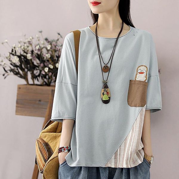 women's t-shirt 2965 for women vintage mature cartoon duck embroidery patchwork striped pocket chic half sleeve loose o-neck tees, White
women's t-shirt 2965 for women vintage mature cartoon duck embroidery patchwork striped pocket chic half sleeve loose o-neck tees, White