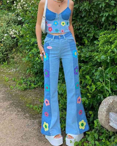 women wide leg flare jeans high waist floral embroidery color block loose denim pants soft fabric blue summer fall spring, Black;white
women wide leg flare jeans high waist floral embroidery color block loose denim pants soft fabric blue summer fall spring, Black;white