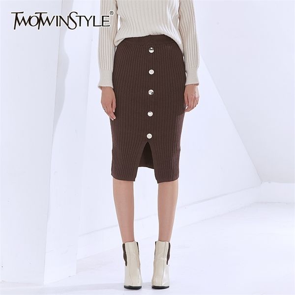 knitting skirt for women high waist patchwork buttons designer split hem mid skirts female autumn clothing 210521, Black 
knitting skirt for women high waist patchwork buttons designer split hem mid skirts female autumn clothing 210521, Black