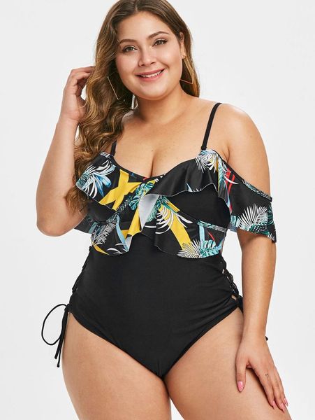 women's swimwear plus size palm print lace up ruffled one-piece swimsuit, White;black
women's swimwear plus size palm print lace up ruffled one-piece swimsuit, White;black