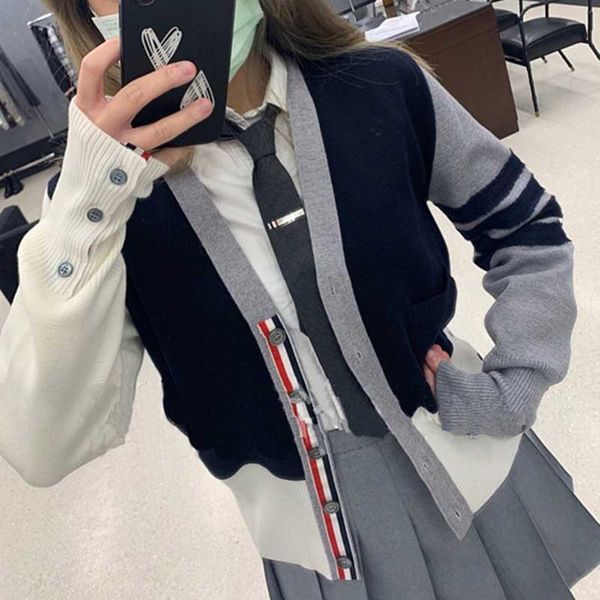early autumn new tb four bar contrast stripe v-neck knitted cardigan british fashion foreign style sweater coat, White
early autumn new tb four bar contrast stripe v-neck knitted cardigan british fashion foreign style sweater coat, White