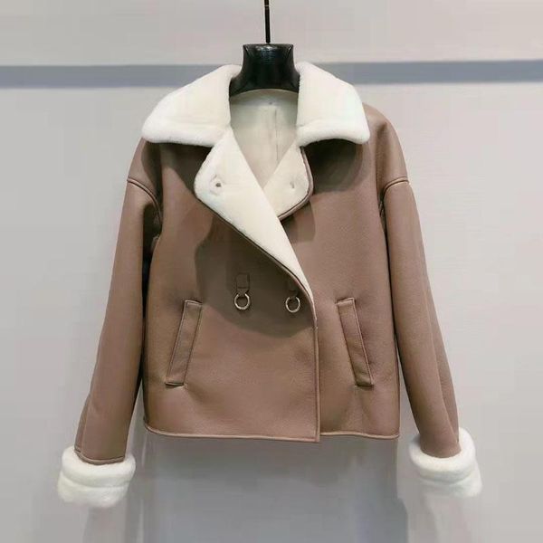 women's fur & faux women coat winer short length casual style real sheep wool clothes thick warm pu leather jacket long sleeves turn-do, Black
women's fur & faux women coat winer short length casual style real sheep wool clothes thick warm pu leather jacket long sleeves turn-do, Black