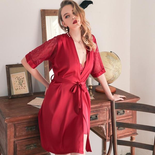 women's sleepwear satin burgundy robe kimono gown lace patckwork bathrobe summer silky female casual nightwear home clothing, Black;red
women's sleepwear satin burgundy robe kimono gown lace patckwork bathrobe summer silky female casual nightwear home clothing, Black;red