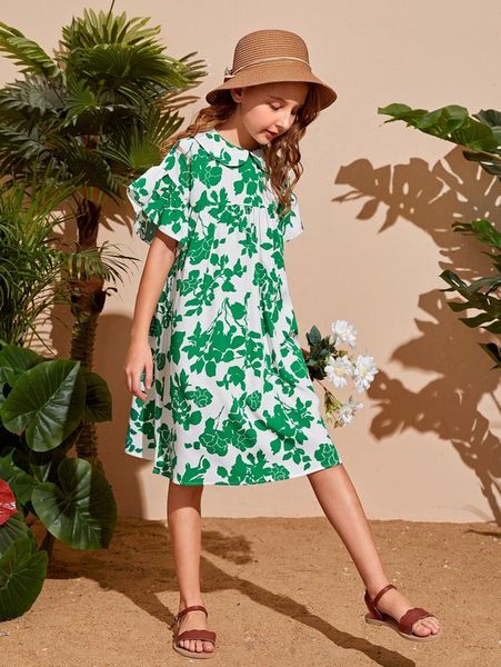 girls floral print peter-pan collar flounce sleeve smock dress she, Red;yellow