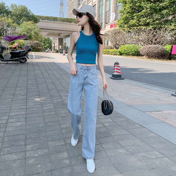 high waist thin tube hanging feeling loose summer wide leg pants small nine point pants, Blue
high waist thin tube hanging feeling loose summer wide leg pants small nine point pants, Blue