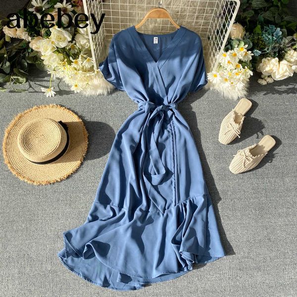 

summer short sleeve v-neck sashes women midi dress vintage sashes irregular ruffle khaki/blue/red/green drawstring dress 210715, Black;gray