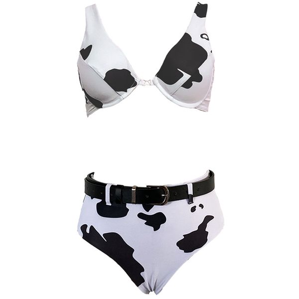european and american style milk print bikini swimsuit steel support high waist split with belt 210514, White;black
european and american style milk print bikini swimsuit steel support high waist split with belt 210514, White;black