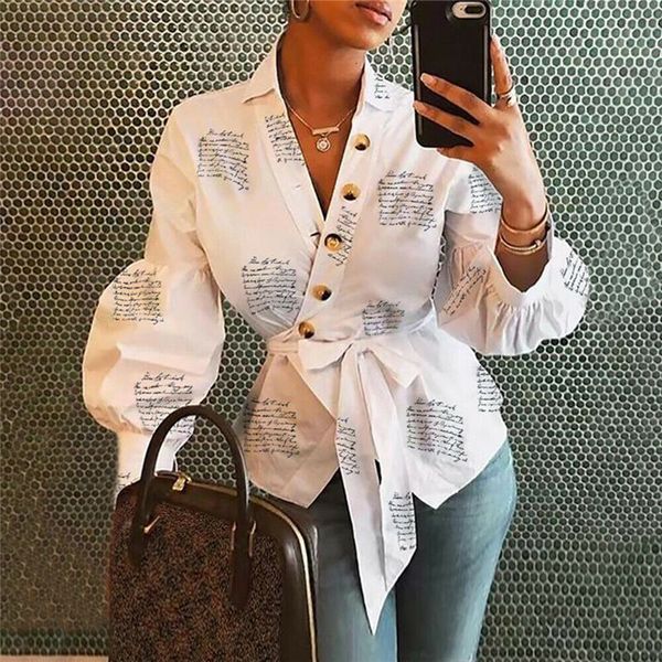 letter printed womens designer button with sashes v neck lantern long sleevee fashion women shirts, White
letter printed womens designer button with sashes v neck lantern long sleevee fashion women shirts, White