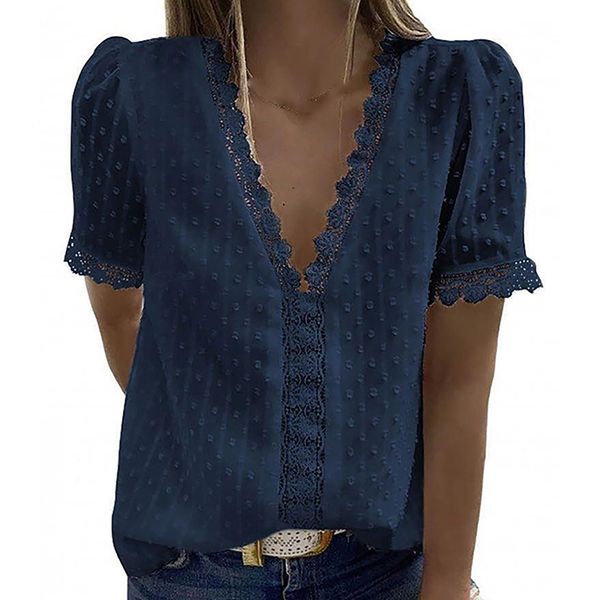 women blouse lace short sleeve large size loose casual shirt v-neck solid color summer casual blouses blusas mujer, White
women blouse lace short sleeve large size loose casual shirt v-neck solid color summer casual blouses blusas mujer, White