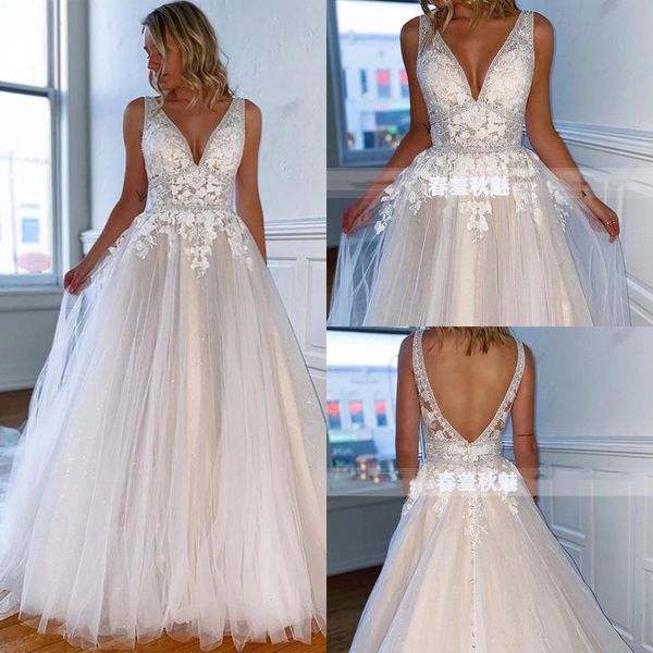 wedding dresses v-neck champagne tulle applique beaded backless v-back buttons a line boho vestidos de novia, White
wedding dresses v-neck champagne tulle applique beaded backless v-back buttons a line boho vestidos de novia, White