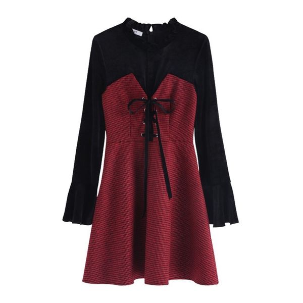 black wine red velvet patchwork lace-up stand collar flare long sleeve mini dress autumn spring elegant d1028 210514, Black;gray
black wine red velvet patchwork lace-up stand collar flare long sleeve mini dress autumn spring elegant d1028 210514, Black;gray