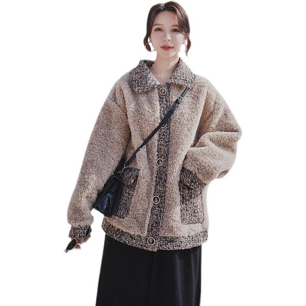 women's wool & blends lambwool coat for women winter 2021 spliced design vintage elegant korean style loose thick faux fur jacket outer, Black
women's wool & blends lambwool coat for women winter 2021 spliced design vintage elegant korean style loose thick faux fur jacket outer, Black