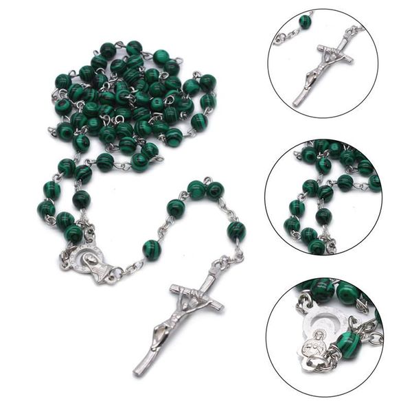 pendant necklaces deep green catholic fashion women gift men cross malachite rosary necklace round natural stone, Silver
pendant necklaces deep green catholic fashion women gift men cross malachite rosary necklace round natural stone, Silver