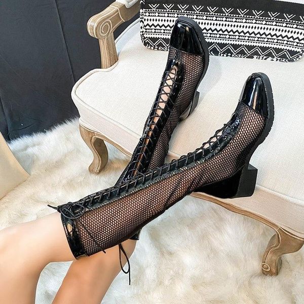 dress shoes spring and autumn lacquer leather high tube mesh hollow out breathable thick heel red lace up knee length long cool, Black
dress shoes spring and autumn lacquer leather high tube mesh hollow out breathable thick heel red lace up knee length long cool, Black