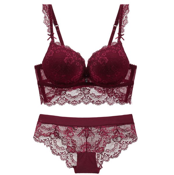 bra set lace thin bottom thick side gathered adjustable underwear women's suit, Red;black
bra set lace thin bottom thick side gathered adjustable underwear women's suit, Red;black