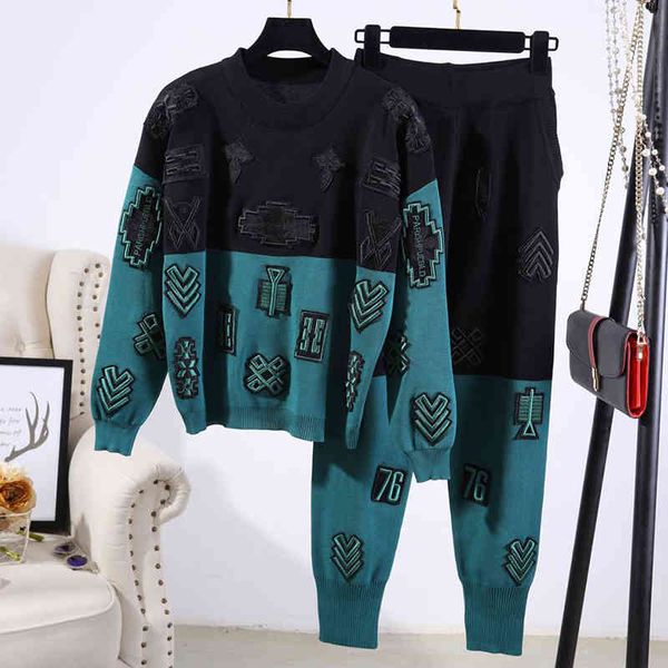 women's two piece pants fashion knitted set women patchwork embroidery sweater pencil outfits female loose casual sports knit suit, White
women's two piece pants fashion knitted set women patchwork embroidery sweater pencil outfits female loose casual sports knit suit, White
