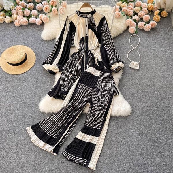 women's two piece pants singreiny autumn retro print set women long sleeve single breasted casual +high waist pleated suits, White
women's two piece pants singreiny autumn retro print set women long sleeve single breasted casual +high waist pleated suits, White