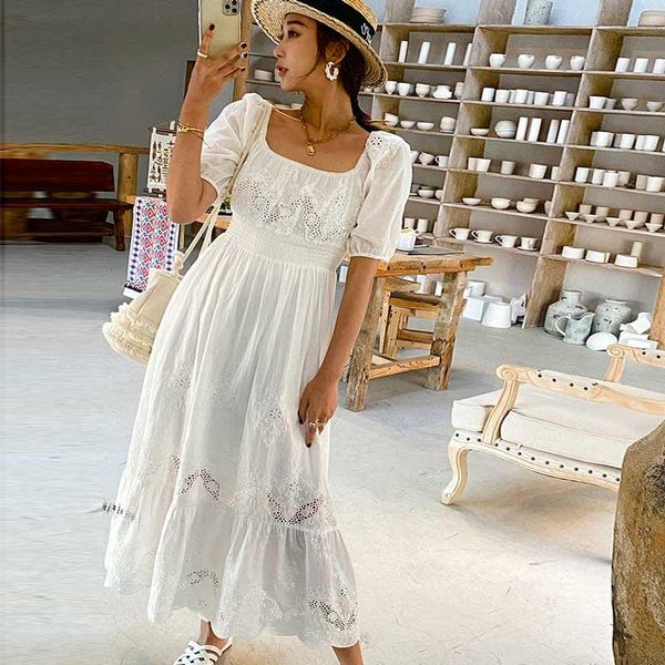 casual dresses super chic cotton white dress summer style women square collar hollow out embroidery puff sleeve elegant boho 2021, Black;gray