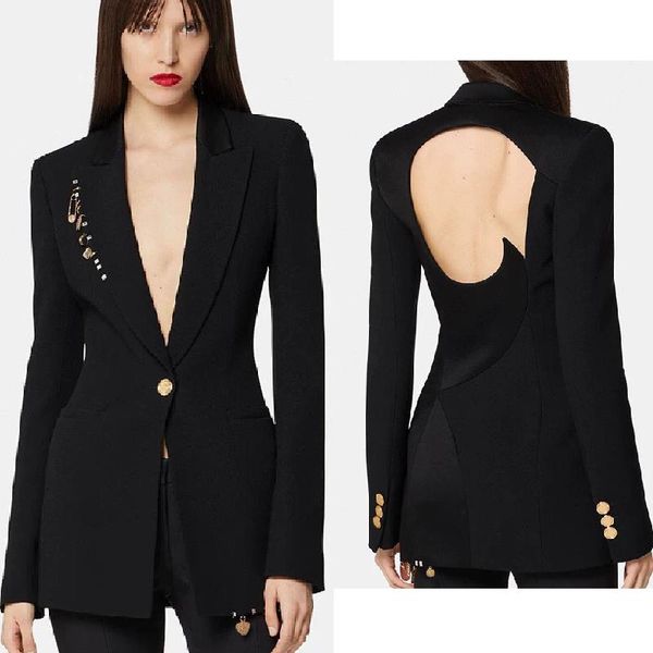 women's two piece pants luxury design backless hardware pendant one button coat v-neck long sleeve suit + high waist slim bell, White
women's two piece pants luxury design backless hardware pendant one button coat v-neck long sleeve suit + high waist slim bell, White