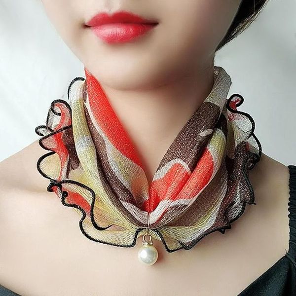 scarves fashion print shiny variety scarf fake pearl pendant neck collar chiffon elegant ruffled women accessories, Blue;gray 
scarves fashion print shiny variety scarf fake pearl pendant neck collar chiffon elegant ruffled women accessories, Blue;gray
