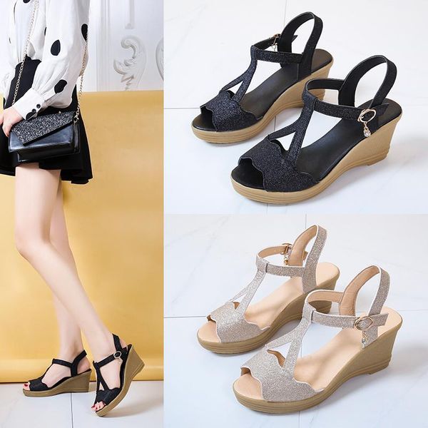 wedge heel sequin sandals women summer high-heeled waterproof platform word buckle increased 7.5 cm, Black
wedge heel sequin sandals women summer high-heeled waterproof platform word buckle increased 7.5 cm, Black