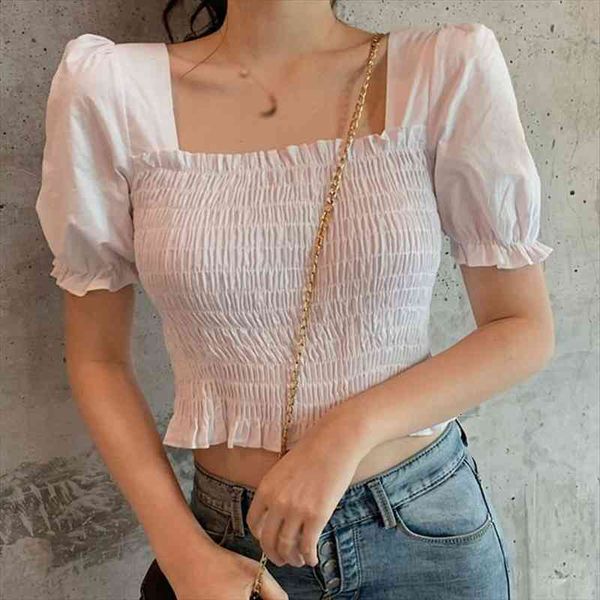 female summer blouses women square collar sweet blouse short puff sleeves cropped shirts, White
female summer blouses women square collar sweet blouse short puff sleeves cropped shirts, White