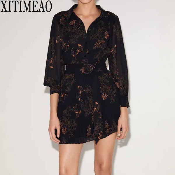 za women vintage print dress long sleeve lapel shirt simple female chiffon pleated skirt mini with belt 210604, Black;gray
za women vintage print dress long sleeve lapel shirt simple female chiffon pleated skirt mini with belt 210604, Black;gray