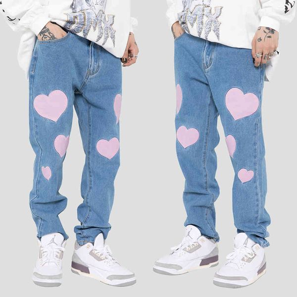 men's jeans brim pants patched heart hip hop college style denim loose jean harajuku all the streetwear fashion games dlhz, Blue
men's jeans brim pants patched heart hip hop college style denim loose jean harajuku all the streetwear fashion games dlhz, Blue