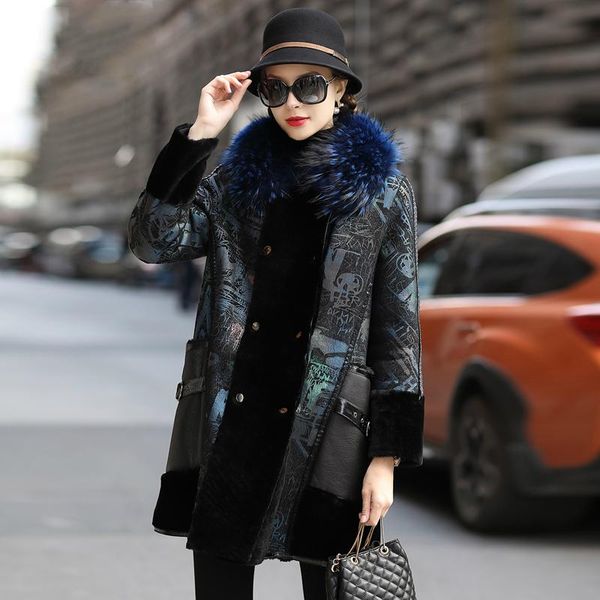 women's leather & faux real jacket women sheep fur coat long retro printed casual natural sheepskin coats raccoon collar, Black
women's leather & faux real jacket women sheep fur coat long retro printed casual natural sheepskin coats raccoon collar, Black