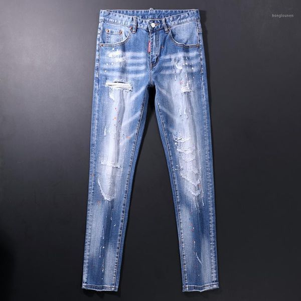 italian style fashion men jeans elastic cotton slim fit ripped for vintage painted designer streetwear hip hop pants men's, Blue
italian style fashion men jeans elastic cotton slim fit ripped for vintage painted designer streetwear hip hop pants men's, Blue