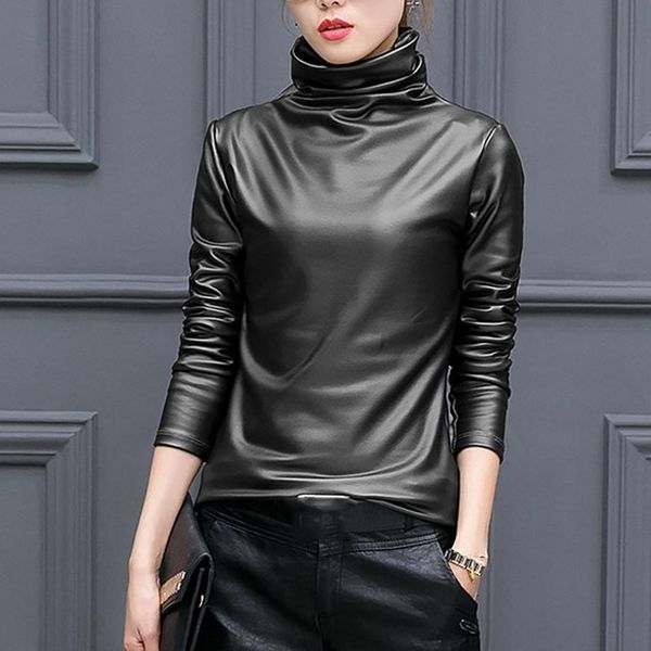 fashion faux leather tees women t shirts plus size casual winter turtleneck basic female long sleeve blusas pullover, White
fashion faux leather tees women t shirts plus size casual winter turtleneck basic female long sleeve blusas pullover, White