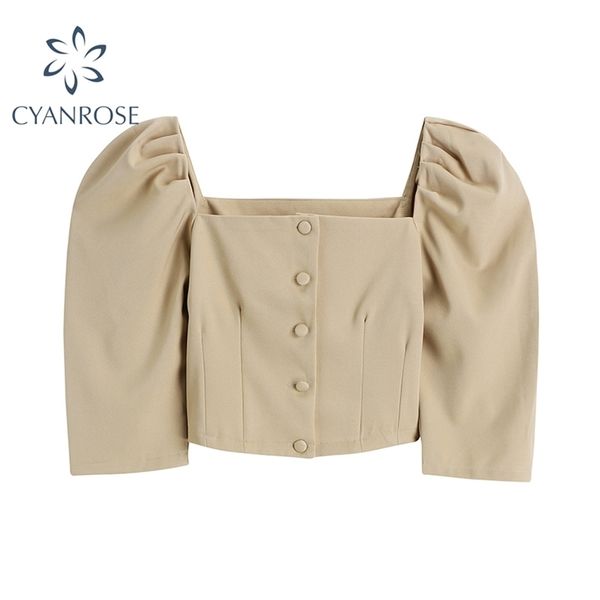 solid female summer beach blouses vintage streetwear crop shirts women single breasted square collar korean ins 210515, White
solid female summer beach blouses vintage streetwear crop shirts women single breasted square collar korean ins 210515, White