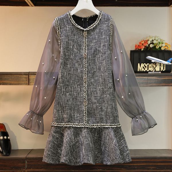 spring female plus size casual round neck single breasted long flare sleeve patchwork tulle tweed ruffles dress 8y316 210510, Black;gray
spring female plus size casual round neck single breasted long flare sleeve patchwork tulle tweed ruffles dress 8y316 210510, Black;gray