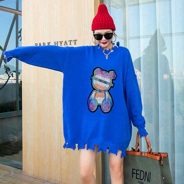 sweaters european station cartoon patch ripped women's age-reducing loose round neck sweater for autumn and winter, White;black
sweaters european station cartoon patch ripped women's age-reducing loose round neck sweater for autumn and winter, White;black