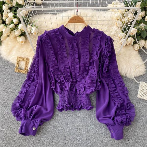 women's blouses & shirts autumn purple/black/white ruffle chiffon blouse women stand collar lantern long sleeve elegant draped short f
women's blouses & shirts autumn purple/black/white ruffle chiffon blouse women stand collar lantern long sleeve elegant draped short f